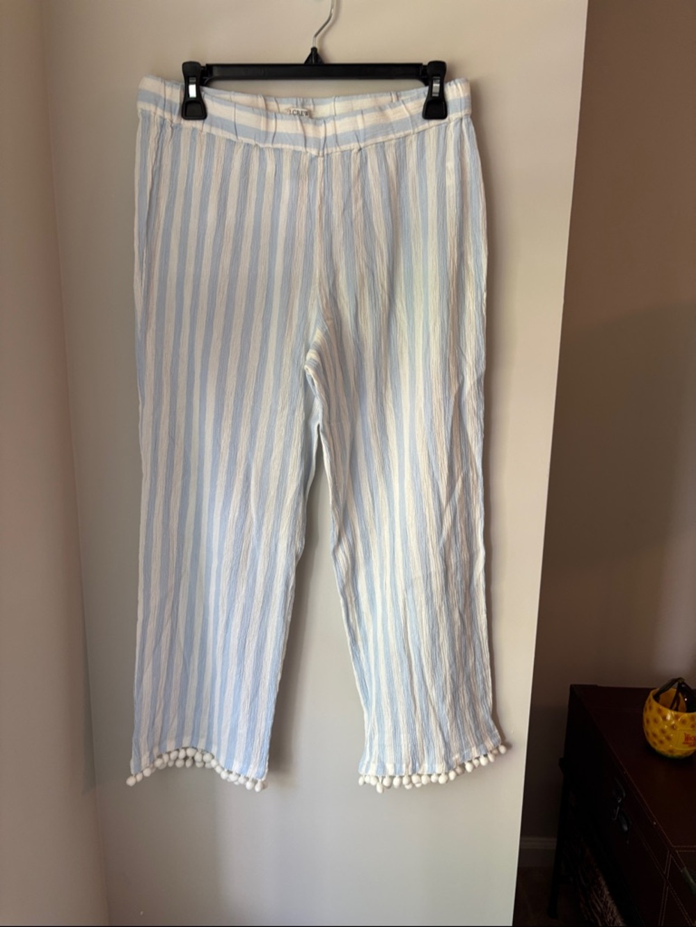 J. Crew Light Blue and White Striped Pom-Pom Beach Pants